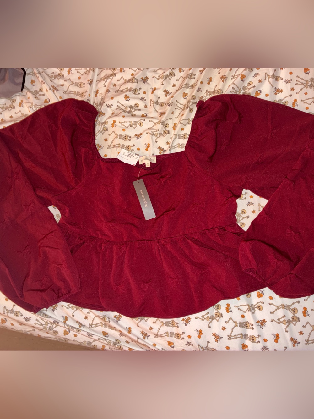 Women's Burgundy Peplum w/ Bow design-Puff Sleeve Crop Top